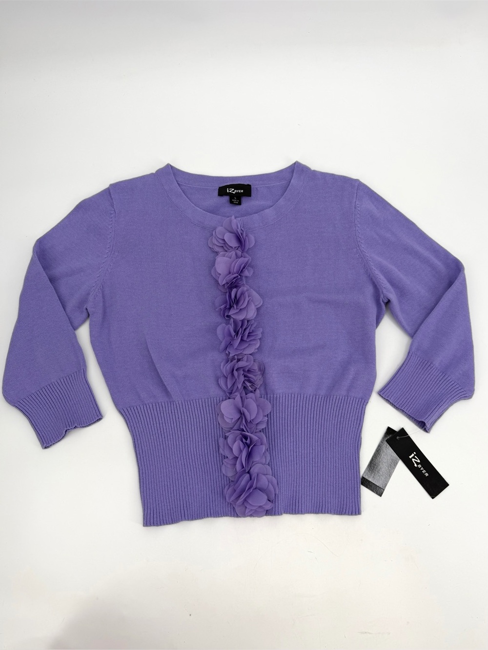 IZ Byer Cardigan Sweater Girls L Purple Cotton Knit Crew Ruffle Snap Front NWT